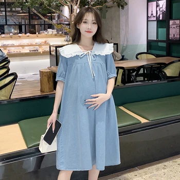 סגנון קוריאני קפלים פיטר פן צווארון רופף יולדות ג ' ינס שמלת קיץ קצרה שרוול כחול אישה בהריון קו-שמלה סיטונאית