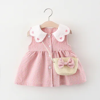 בקיץ ילדים, ילדים, תינוק, תינוקות אופנה משובצת סרט כותנה קשת שמלת בייבי בנות שבור פרח שמלה+שקיות