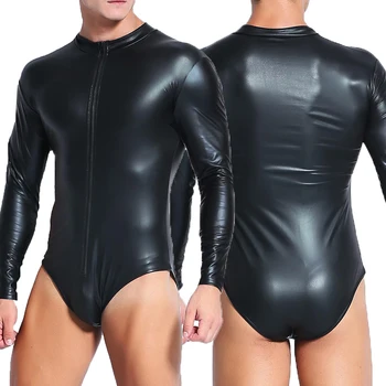 Mens גופיות בגד גוף הומו דמוי עור PVC Bodysuits רוכסן היאבקות גופיית סלים מתאים one-piece מועדון לילה לטקס סרבלים