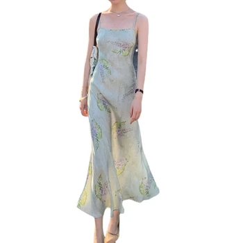 אלכסוני חותך מלאכה בסגנון צרפתי גבוה חוש עדין אלגנטי נופש בסגנון פרחוני רצועת שמלת האביב