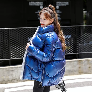 סגנון קוריאני של הנשים מעיל החורף קצר בסגנון מנופחים והברדסים נשי משוחרר מוצק מבריק בתוספת גודל לעמוד צווארון עבה מעילים