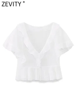 Zevity ניו נשים אופנה צוואר V פרע שיפון קצר חלוק חולצה נשית פרפר חולצת שרוול אופנתי Chemise Blusas מקסימום LS4099