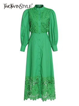 TWOTWINSTYLE ירוק שמלות לנשים לעמוד צווארון פאף השרוול גבוה המותניים חלול החוצה סלים שמלה נשית בסגנון בקיץ 2022 בגדים