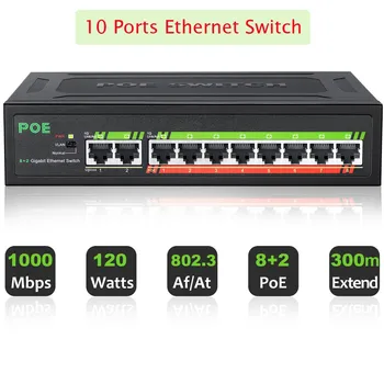 Gigabit Ethernet Switch 10 יציאות POE Ethernet Switch 1000Mbps 8 PoE +2 קישורים IEEE802.3af/ב 120W מובנה כוח מצלמת IP